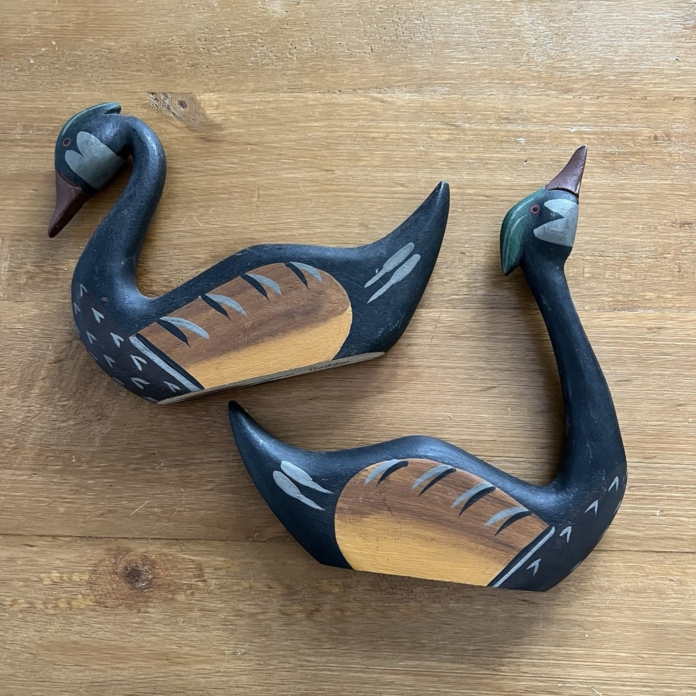 Signed James Haddon Wood Goose Figurines Pair Hand Painted Folk Art Waterfowl